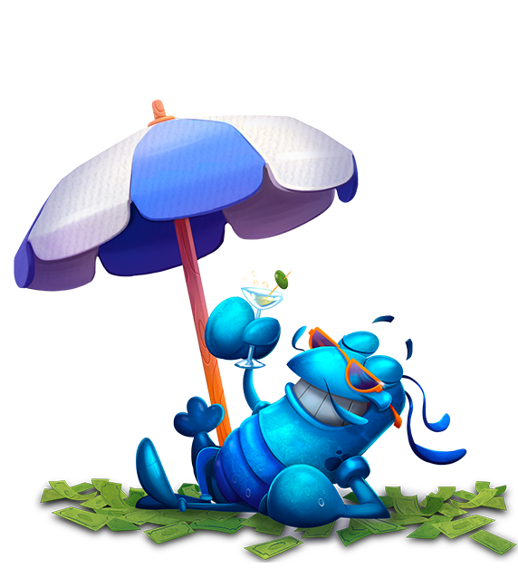 Yabbycasino reef mascot relaxing under a beach umbrella